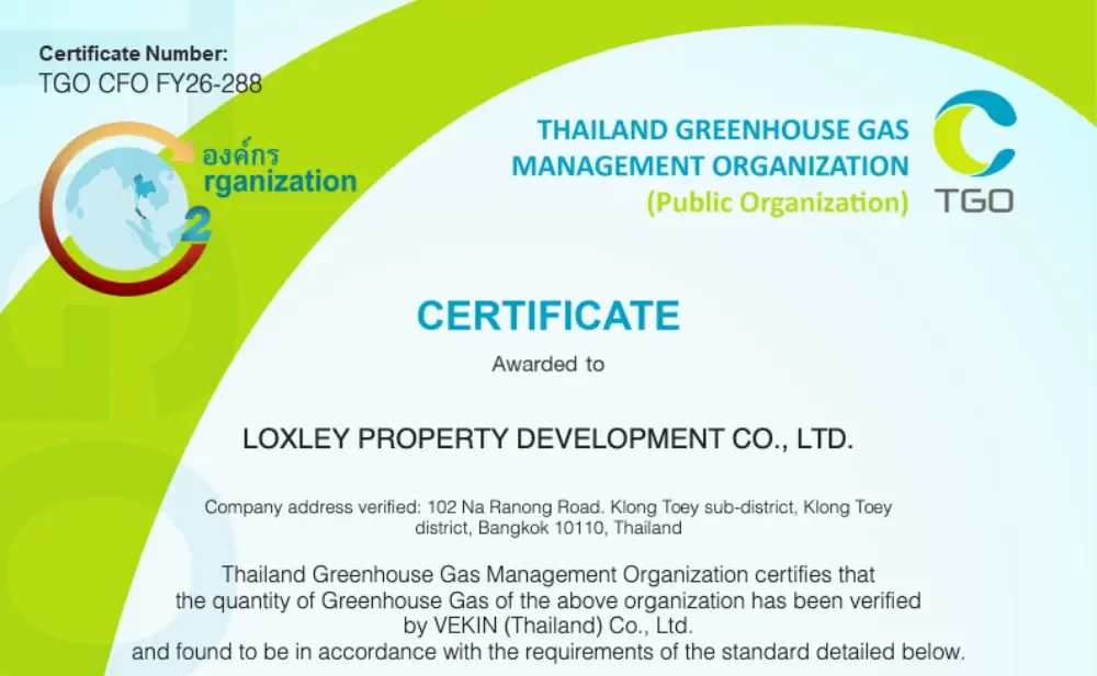 Loxley พร้อมบริษัทย่อย ผ่านการรับรองคาร์บอนฟุตพริ้นท์ขององค์กรประจำปี 2567 จากองค์การบริหารจัดการก๊าซเรือนกระจก (องค์การมหาชน)